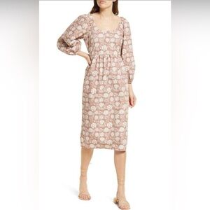 FAHERTY FREYA Scoop Neck Balloon Sleeve Cotton Dress in Clay Jai Floral Size L